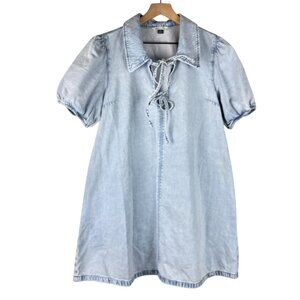 American Eagle Collared Puff Sleeve Tie Front Denim Mini Dress